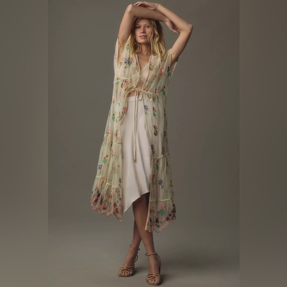 Anthropologie NWT BL^NK Sheer Embroidered Overlay Duster Cream Tan Pink One Size - Picture 1 of 14